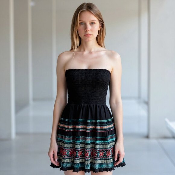 FREE PEOPLE Boho Black Strapless Embroidered Mini Dress Pleated Skirt S,‎ NWT - Picture 1 of 10
